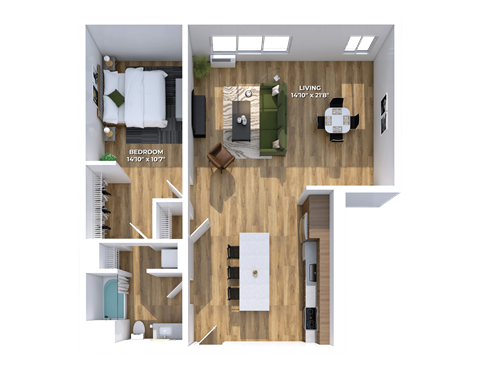 Floor plan for 1 bed, 1 bath, 964 sqft